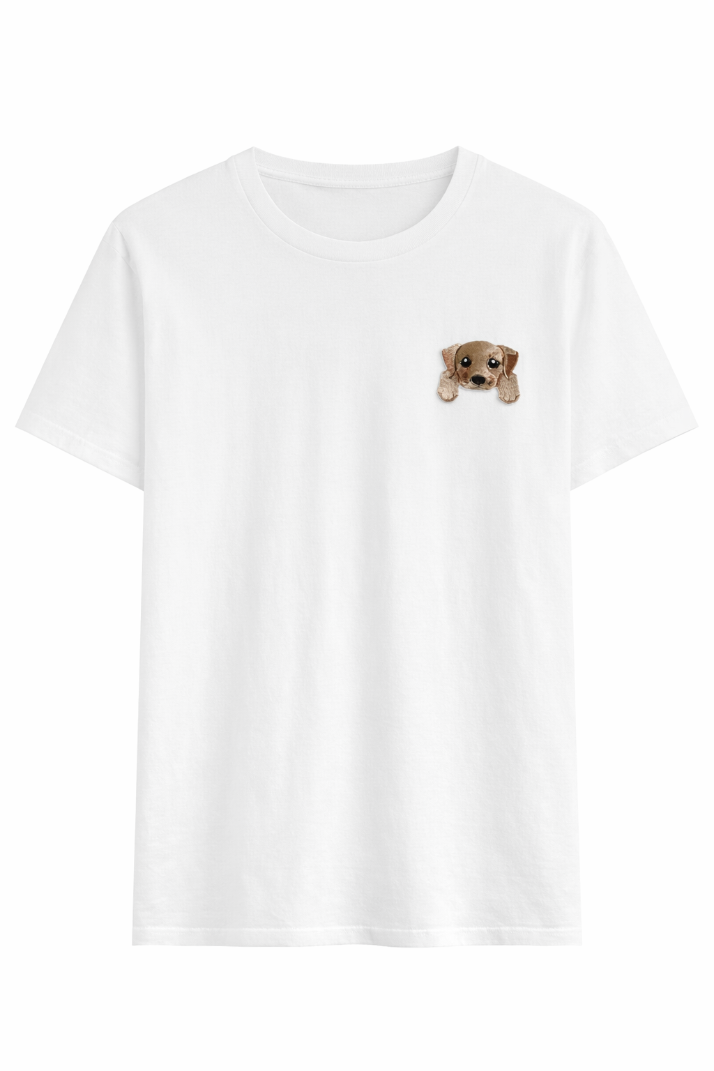 T-shirt Blanc Chien Brodé Personnalisé – Écusson Puppy au Choix (12 Races) + Prénom