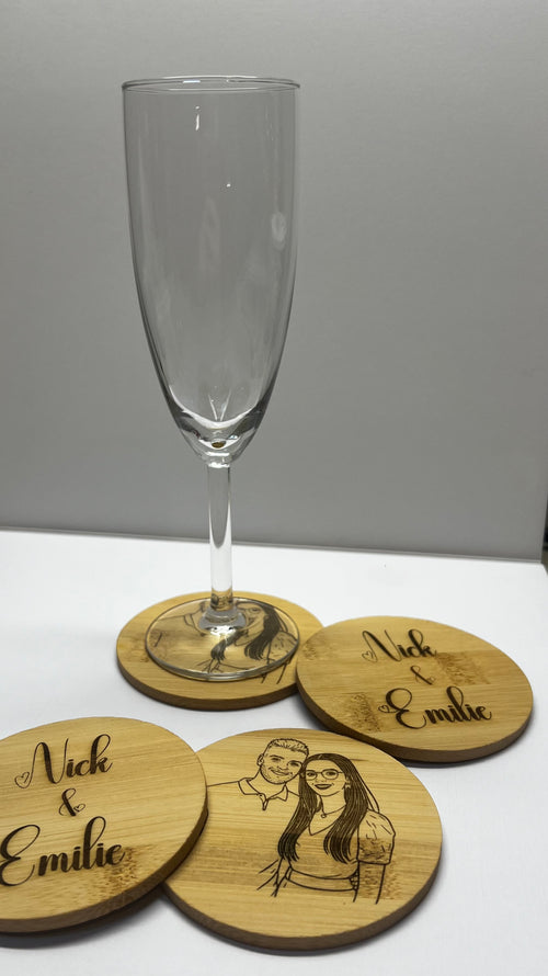 Lot de 4 Dessous de Verre Personnalisé en Bambou Gravé – Photo + deux prénoms