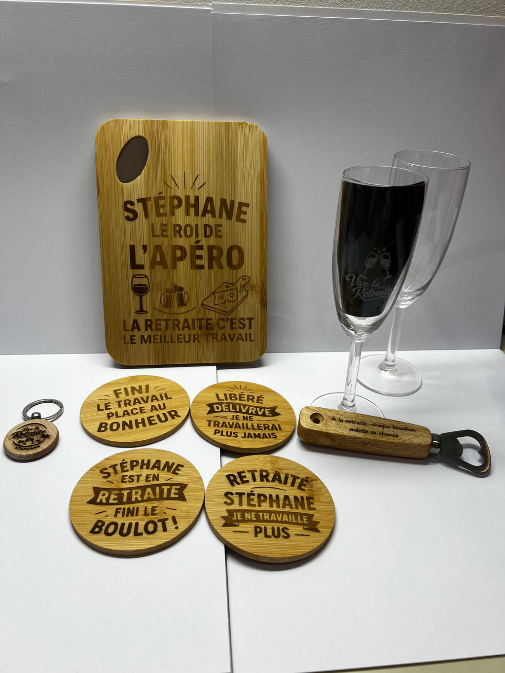 Cadeau retraite personnalisé – Kit apéro gravé avec prénom | Idée cadeau départ en retraite originale