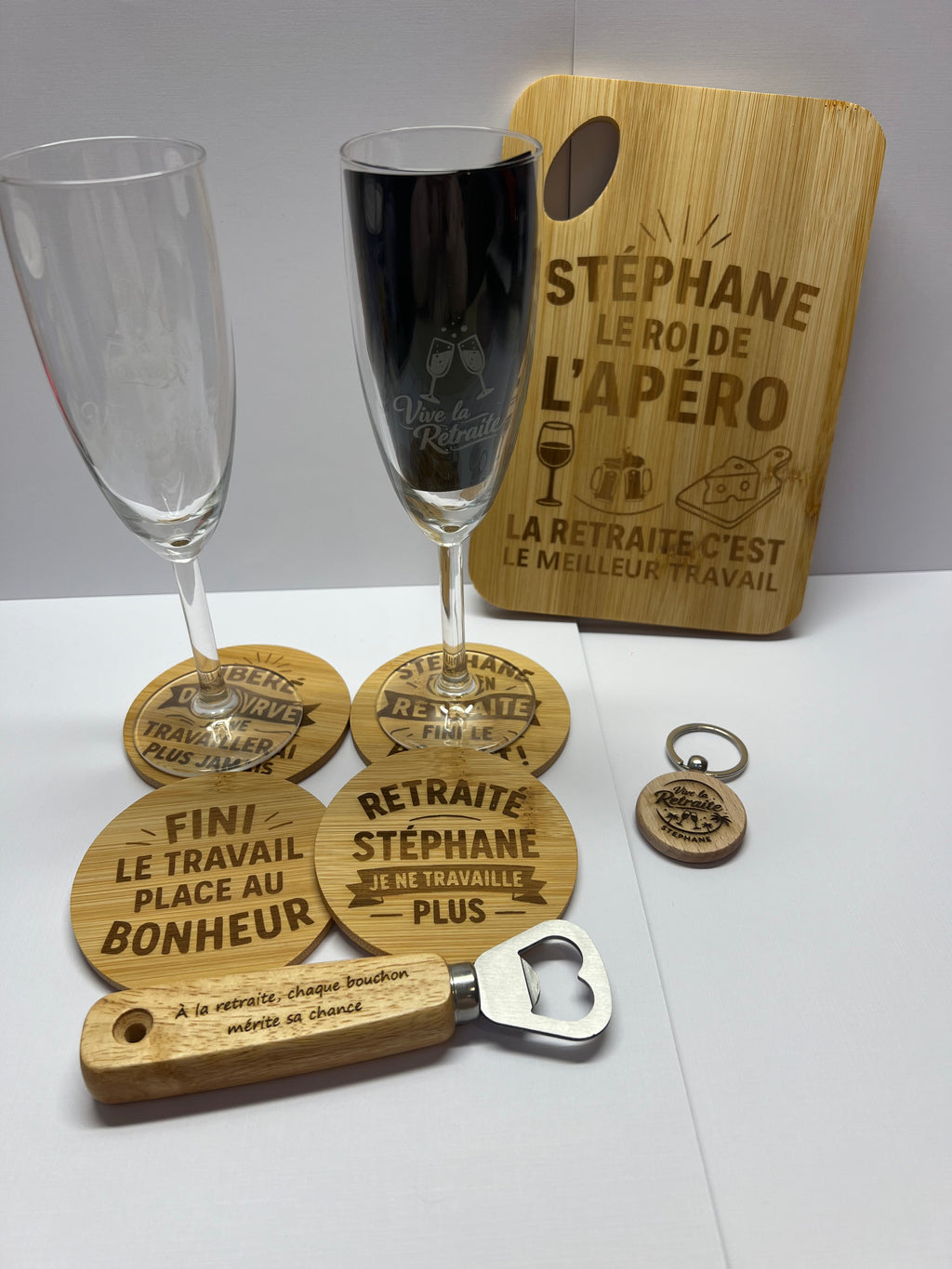 Cadeau retraite personnalisé – Kit apéro gravé avec prénom | Idée cadeau départ en retraite originale