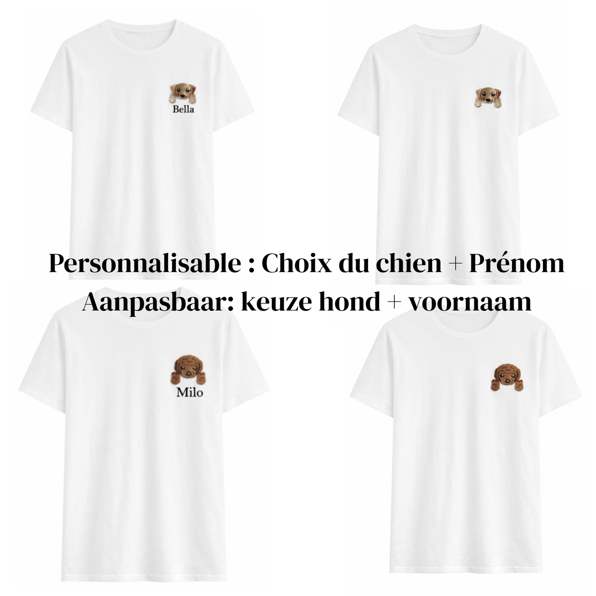 T-shirt Blanc Chien Brodé Personnalisé – Écusson Puppy au Choix (12 Races) + Prénom