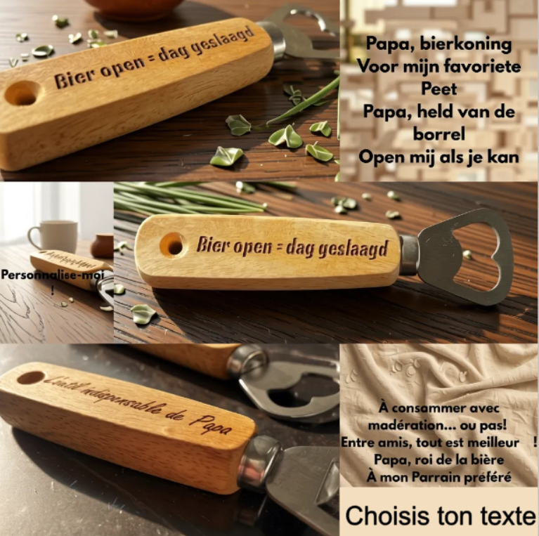🍺 Personaliseerbare houten flesopener – Unieke gravure